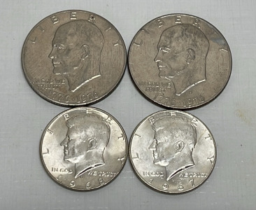 (2) Bicentennial Dollars 1776-1976 And (2) Kennedy Extra Gloosy Half Dollars Dated 1967 And 1968