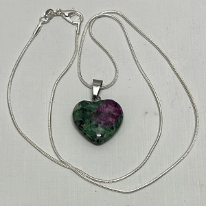 Ruby In Zoisite Heart Cut And Polished Pendant W/ .925 Silver Necklace