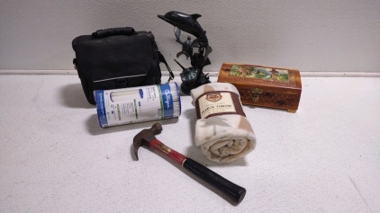 (1) 1' Sculpture Ocean Scene of Dolphin, Stingray, Sea Turtles, & Angle Fish, (1) Painted Small Storage Chest, (1) 46"x 63" Pine Creek Fleece Throw & More