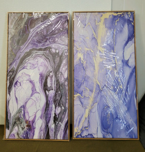 (2) Abstract, Framed Wall Art Pictures, (1) Purple, (1) Blue