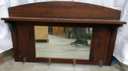 (1) Wooden Wall Mirror w/ Hooks - 36"x18"x5"