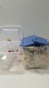 Totes of Glass Cups w/ Snowman and Reindeer Decor