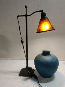 (1) Adjustable Metal Table Lamp w/ Amber Shade (1) Decorative Blue Vase