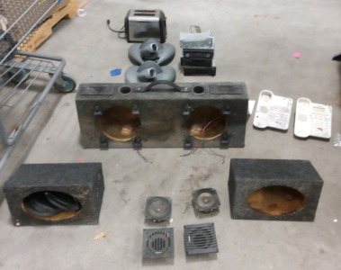 (1) Dual Speaker Box 8 in (30 x 10 x 7) (2) Single Speaker boxes 6 x 6 (13 x 7 x 8) (3) Radios Hyundai, Panasonic and Honda (2) Polycom Camera Model: VSX 7000 (1) Toaster (2) Sparkomatic KS4 Speakers (2) Lanzar MD4-2 80 Watt Speakers and more