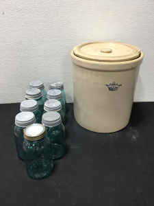 Vintage 5 Gallon Stoneware Crock & (9) Mason Jars