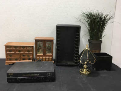 VHS Player, VHS Storage (2) Jewlery Boxes & More