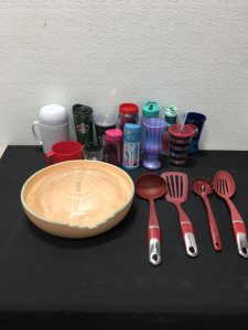 (13) Cups, Large Glass Bowl & Cooking Utensils