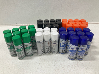 (47) Cans of Body Spray Paint, Green, White, Black, Blue, and Orange