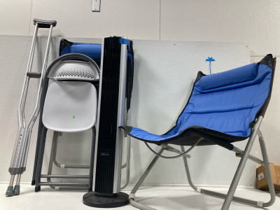 , (2) Plastic White & (2) Blue Fabric Foldable Chairs (1) Set of Crutches, (1) Standing Bionare Heater