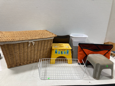 Bin full of Houseware Storage items, Wooden Bin with Lid, Shelf Organizer, (2) Stools (2) Plastic Trash Bins, Baskets and more