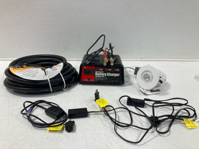 (1) Schumacher Fully Automatic Battery Charger With Engine Start (1) Continental Commercial Grade Rubber Hose 50ft (1) Lithonia Lightning 4&rdquo; White Gimbal LED Light, (3) Leviton Table-Top Lamp Dimmers