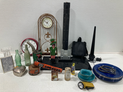 Antique Doll, Antique Bottles and Cans, Clocks, Tv Stand, Plates and more!