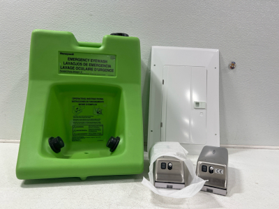 (1) Honeywell Emergency Eyewash Station (1) EATON Replacement Cover (2) Bradley Soap Dispensers Brand New