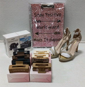 Amazon Overstock Sale Woman's Glitter High Heel Shoe (37.5/7.5) (3) Box Hair Clips, (2) Vent Cell Phone Holders, Stay Positive Folio Clipboard