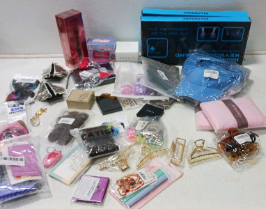 Amazon Overstock Woman Beauty Makeup, Hair Clips, Shoulder Spikes, Hair Shield, (2) Keyboard Stands, Bling Bling, Vicachid Cooling Pads and More