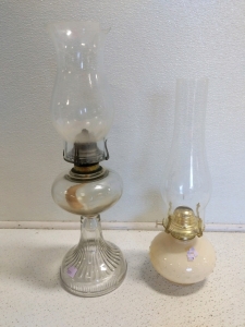 (2) Antique Glass Oil Lamps - (1) Tall Ribbed Base (1) Cream Base w/ Dotted Detail