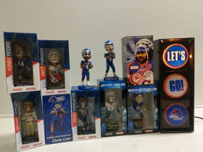(11) Boise State Bobbleheads w/ Let's Go Light - (1) Kirby Moore (1) Matt Paradis (1) Bryan Harsin (1) Ricky Tjong-A-Tjoe (1) Chris Carr (1) Quintin Mikell (1) Legedu Naanee (1) Jamar Taylor (1) Shea McClellin (1) Alex Guerrero