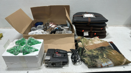 Sears Craftsman .25 HP Sabre Saw, (6) Memory Foam Chair Pads, (4) Mercury Glass Christmas Trees, Box of Various Cups, Coffee Pot, Paper Towel Holder and More