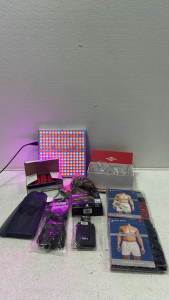 (1) Red and Blue LED Panel, (10) Red 3-Prong Wall Outlets, RealTree FlexFit Hat, (1) Nathan Runners Headlamp, (1) Waterproof Tent Footprint/Tarp, Blackhawk Utilitarian Gloves, (1) Neff 3-Fold Wallet, (8) Michael Morgan Boxers, (4) Wine Glasses and More