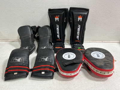 (1) Pair Of Meisterer MMA Shin Guards (1) Pair of ATA Feet Guards (1) Pair Of ATA MMA Gloves (1) Pair Of AAWEAL Hit PadS