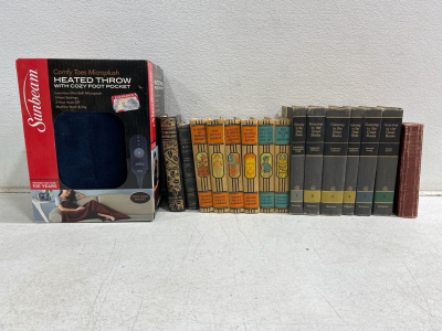 (15) Vintage Hardback Books Including Black Beauty And (1) Sunbeam Heated Blanket In Original Packaging