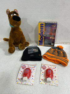 (2) Blow Pop Night Lights (1) Modem Blaster PCI Computer Kit (1) Igloos Lighted Beanie (1) Grenade Beanie (1) Vintage Scooby-Doo Stuffed Animal