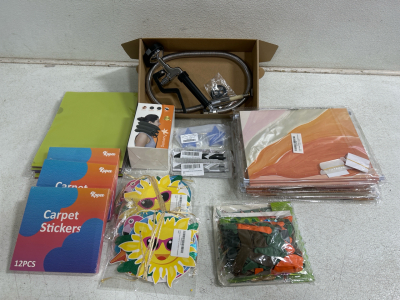 (1) Kitchen Sink Faucet (5) Packages Of Colorfull Project Folders (3) Boxes of Carpet Stickers And more