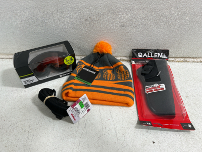 (1) Scott Jr Agent Gogles xs (1) Grenade Beanie (1) Tipmann 2 Point Sling (1) Allen MQR Holster