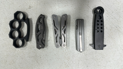 (2) Gerber Folding Knives, Silver Multi-Tool with Pliers, Black Spring Assisted Snakeyes Knife, Plastic Knuckledusters