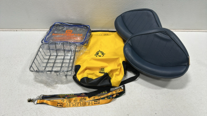 Earth-Pak 30 Liter Waterproof Dry-Bag, (5) Monsterbasd Tackle Bags, New Ice Chest Basket, (2) Springfield Bass Boat Bike Seats, (2) Harry Potter and Universal Studios Lanyards
