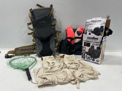 (1) Allen Backpack (1) Kids Life Jacket (1) Fly Fishing Net (1) Fly Fishing Vest (1) Set of Car Seat Covers Leaopard Print