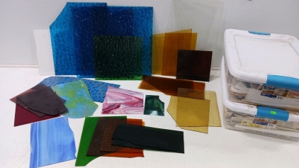 3 Bins of Assorted Stained Glass Sheets Assorted Colors