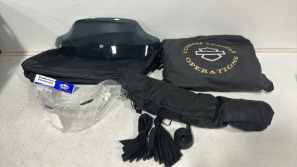 Harley Davidson Dark Smoke Wind Splitter Windshield, Harley Davidson Outdoor Bike Cover, (2) Harley Davidson Travel Saddlebags, Unopened Arai Helmet Visor