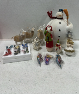 Large Snowman with Broom Decoration, (2) Stuffed Snowman Plush Decorations, (6) Set of Porcelain Bird Ornaments, (3) Exotic Bird Ornaments, Angel Snowman Decor, (3) Standing Deer Decor, Snowman with Stars Hanging Decor