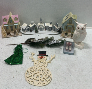 (2) Handmade Christmas Seaside Bungalows, (1) Handmade Christmas Village, Sparkly Owl Statue, Magnetic Boots Salt and Pepper Shaker, (2) Large Stuffed Penguins, (8) Small Stuffed Penguins