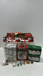 Various Animal Christmas Ornaments (Crab, Seahorse, Heron, Puffin), (3) Snowman Christmas Ornaments, (2) Set of (6) Glass Sandal Ornaments, Woodland Deer Ornament, (6) Red Bell Ornaments, Set of (26) Silver Bulb Ornaments, Artificial Poinsettia and More