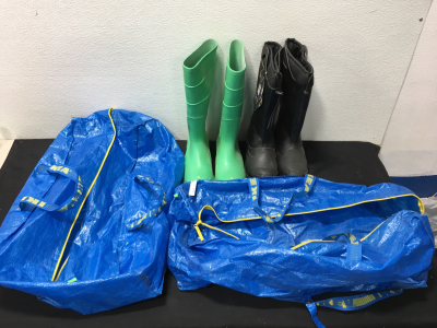 (2) Pairs Of Rubber Work Boots (2) IKEA Duffel Bags