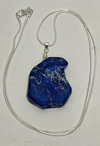 68.25ct. Dark Blue Sea Sediment Jasper Freeform Slice Pendant W/ .925 Silver Necklace