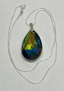 92.75ct. Teardrop Cut And Faceted Rainbow Crystal Pendant W/ .925 Silver Necklace
