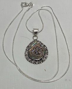 Tibetan Silver Wrapped Abalone Shell Pendant W/ .925 Silver Necklace