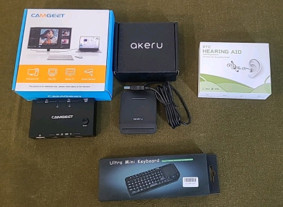 (1) Camgeet 2-Port HD KVM Switch, (1) Akeru Card Reader & (1) Ultra Mini Keyboard & (1) Pair Of OTC Hearing Aids