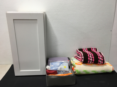 )30&rdquo;x 15&rdquo;x 13&rdquo;) White Cabinet & Assorted Blankets