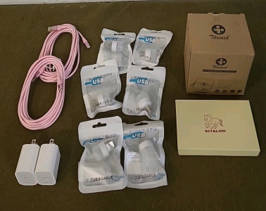 (2) USB C, Dual Chargers, (2) iPhone Charging Cables, Pink, (6) USB Powered Night Lights, (1) Mini First Aid Kit & (1) Estalon, Leather, Money-Clip Wallet, Grey