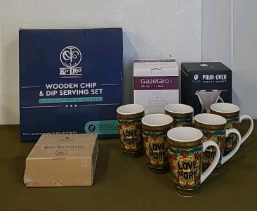 (1) Bamboo Chip Serving Set, (1) Coffee Press, (1) Pour Over Coffee Maker, (6) 15-Oz Mugs & (1) 1000-Count Box Of Siliconized Parchmet Baking Squares, 5.5" x 5.5"