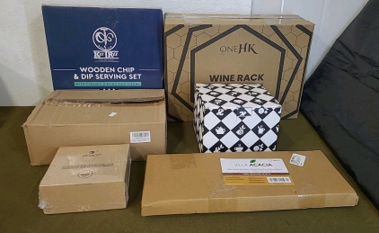 (1) Bamboo Chip Serving Set, (1) Wire Wine Rack W/ GlassHolder, (2) 12" x 9" Air Fryer Baskets, (1) Glass Teapot, (1) Acacia Wood Cutting Board & (1) 1000-Count Box Of Siliconized Parchmet Baking Squares, 5.5" x 5.5"