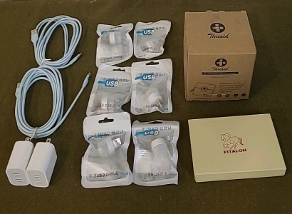 (2) USB C, Dual Chargers, (2) iPhone Charging Cables, Blue (6) USB Powered Night Lights, (1) Mini First Aid Kit & (1) Estalon, Leather, Money-Clip Wallet, Grey