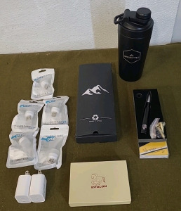 (2) USB C, Dual Chargers, (5) USB Powered Night Lights, (1) Tactical Belt, Grey, (1) Estalon, Leather, Money-Clip Wallet, Grey, (1) 24-Oz, Briobottle, Stainless Steel Shaker/Water Bottle & (1) Automotive Antenna Topper