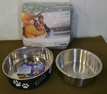 (1) Lassie, Dog Rear Car Seat, (1) BELLA Large Stainless Steel Food Bowl & (1) Pet Fusion Stainless Steel Bowl