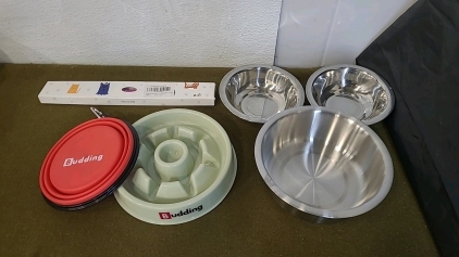 (1) Budding Slow Feeding Bowl W/Collapsible Water Bowl, (1) 4-Foot Leash, Hot Pink & (3) Stainless Steel Food/ Water Bowls