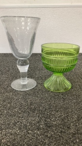Vintage Green Glass Compote Dish And Blown Glass Goblet